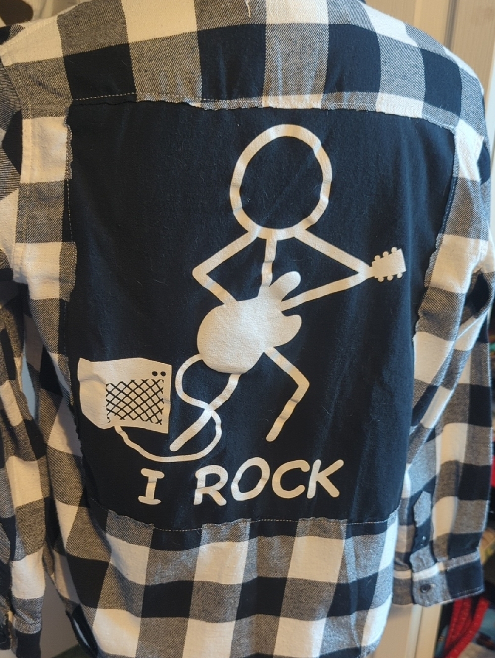 Old Navy Black and White Flannel Plaid Shirt "I Rock"